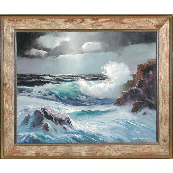 E. John Robinson, "Breakers at Midnight": PAINTING. E. John Robinson, "Breakers at Midnight", oil on canvas, signed lower right, signed and titled on reverse, 24" x 30", in very good condition.