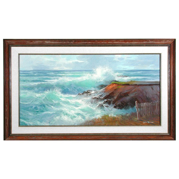 E. John Robinson, "Humber's Sea Ranch View": PAINTING. E. John Robinson, 1985, "Humber's Sea Ranch View", oil on canvas, signed lower right, signed dated and titled on back, 24" x 48, in very good condition.