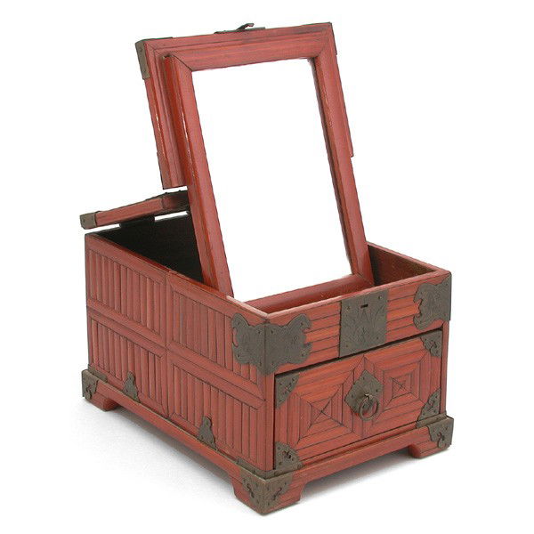 Asian Red Lacquer Bamboo Vanity Box, Brass Bound: BOX. Chinese red lacquer bamboo vanity box with flip out mirror, drawers below, the entire box brass bound. 8.5" h x 9.5" w x 13" d, in very good condition.