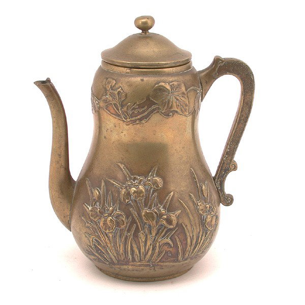 Chinese Brass Teapot, Signed: TEAPOT. Fancy Chinese brass teapot with irises and floral decoration in relief, signed at base. 8.5" h.