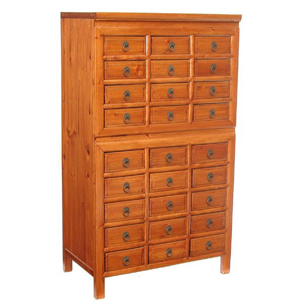 Chinese Apothecary Multi Drawer Cabinet: APOTHECARY. Chinese apothecary multi drawer cabinet with twenty seven drawers with metal ring handles. 52" h x 30" w x 17" d.