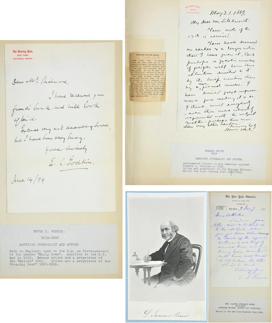 E. Godkin, H. White, S. Prime letters with signature: Grouping to include letters with signatures by Edwin L. Godkin (1831-1902), American journalist and author, Horace White (1834-1916), American journalist and author, and Rev. Samuel Irenaeus Prime (18