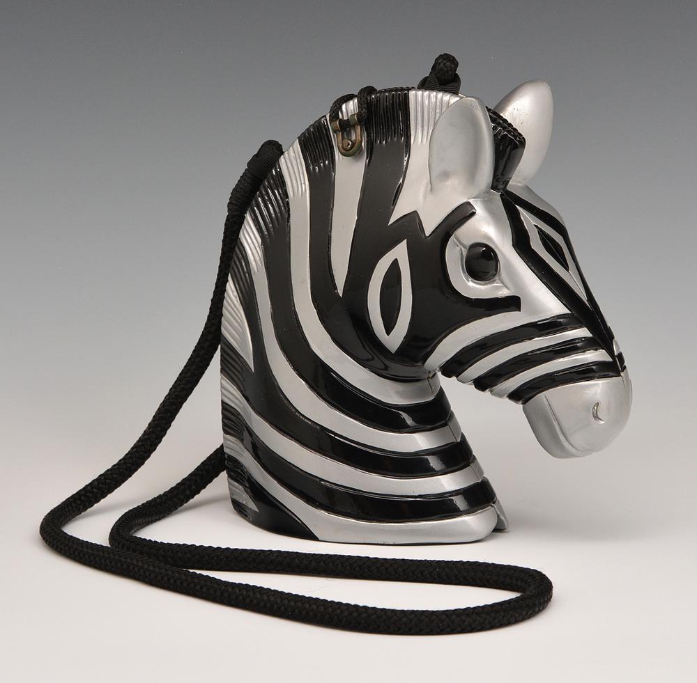 Timmy Woods "Zebra" Handbag: Timmy Woods - Beverly Hills Collection, special edition "Zebra" handbag, handmade from carved acacia wood, handpainted black and silver and finished in a high gloss lacquer, black satin lining with a 