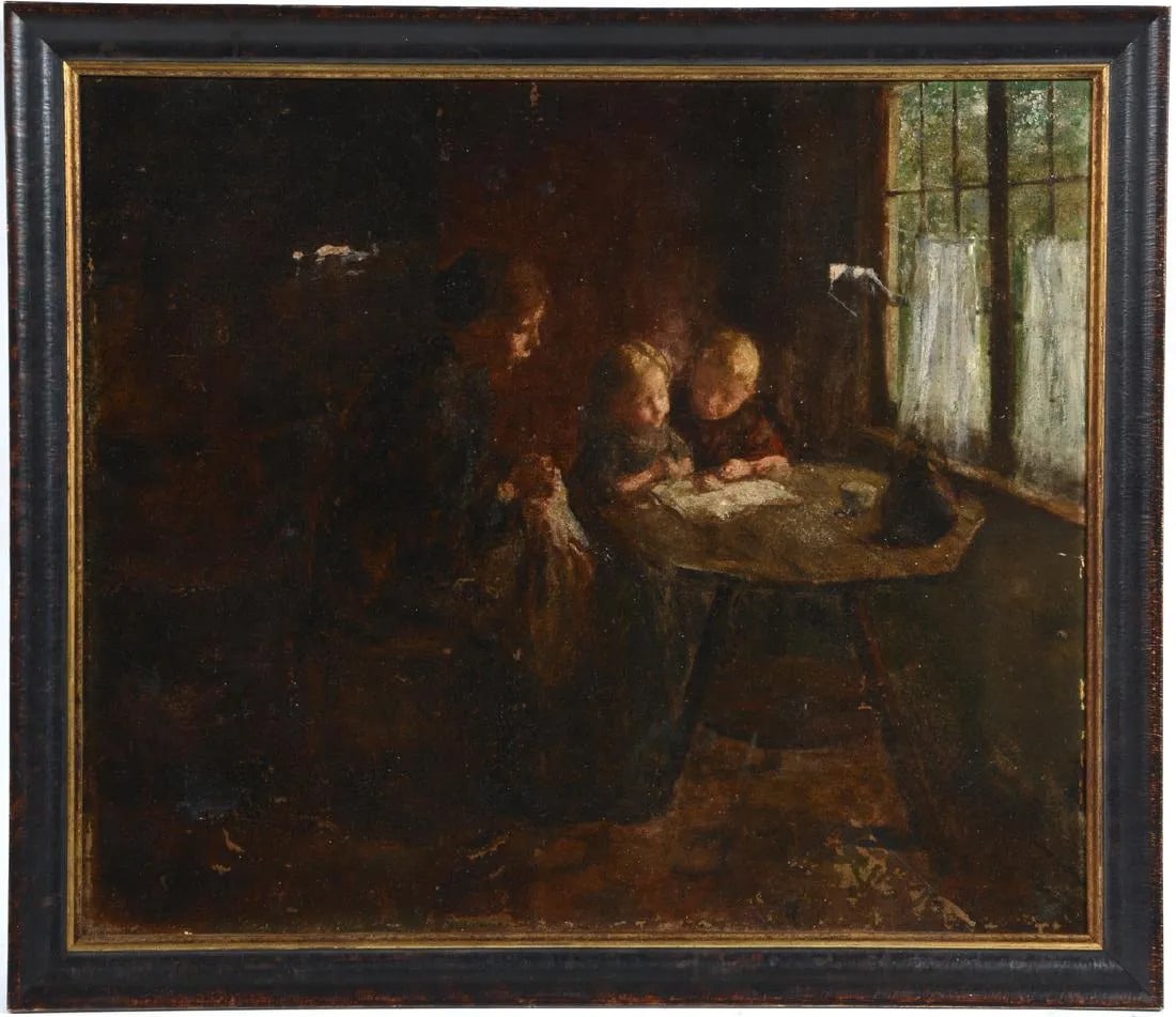 Print After Bernard Pothast (1882-1966) Interior scene.: Print, after Bernard Pothast (1882-1966) Interior scene. Unsigned. Print on canvas laid down. Measures appx 18 3/4" x 22" and 21 1/2" x 24 3/4" framed. With losses and scuffs.