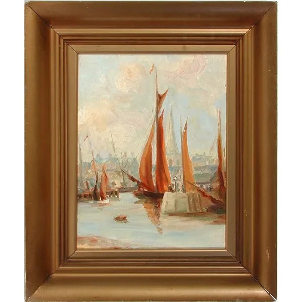 Painting of Sailboats, Inner Harbor Lower Loft: Oil on artist board of sailboats, partial label affixed verso: "Inner Harbor, Lower Loft", 13" x 10" viewed, 19" x 16 1/4" framed, in good condition.