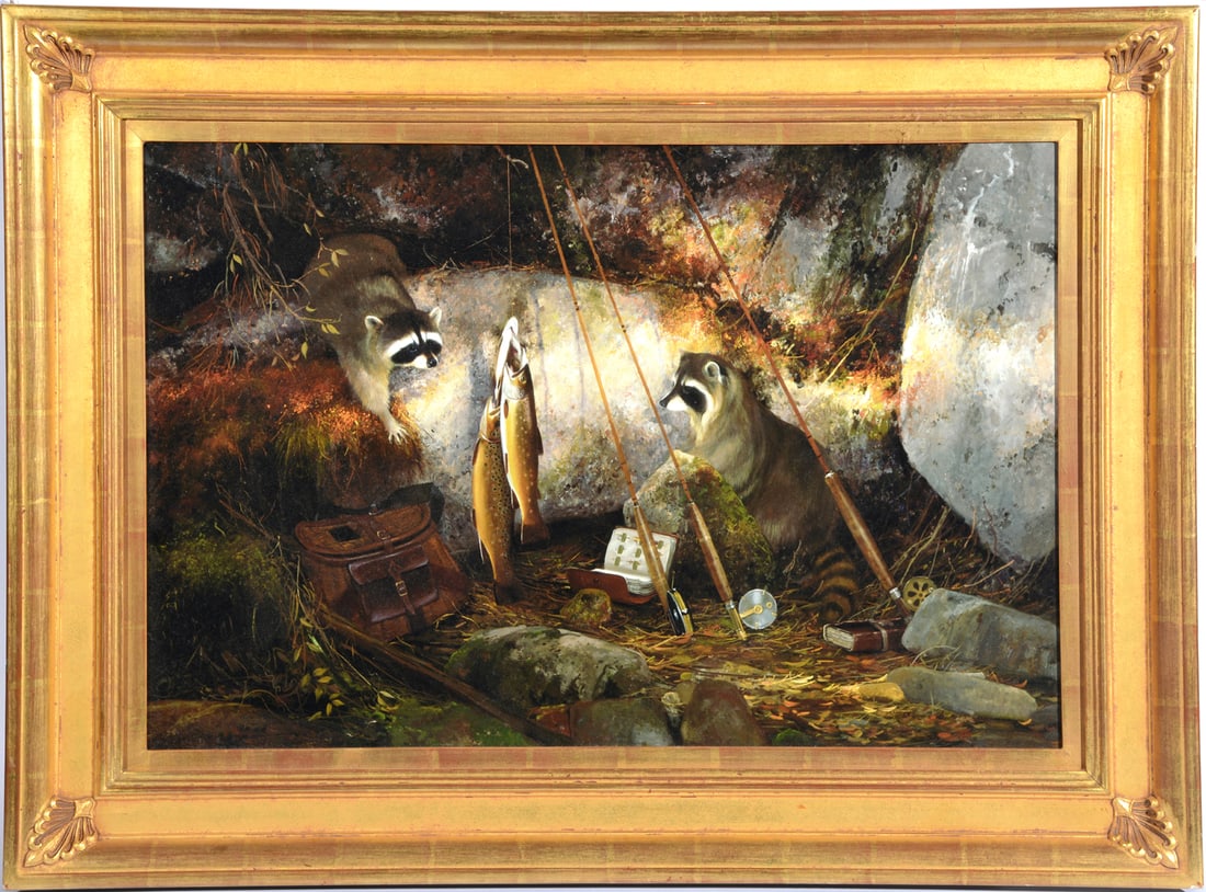 Michael Coleman, Racoons on the North Fork, A P Giclee print: Michael Coleman, Racoons on the North Fork, Artist Proof Giclee print on canvas. Signed lower right "Michael Coleman 39/180 AP". Canvas: 19 1/2" x 29 1/2"; Frame: 28" x 38".