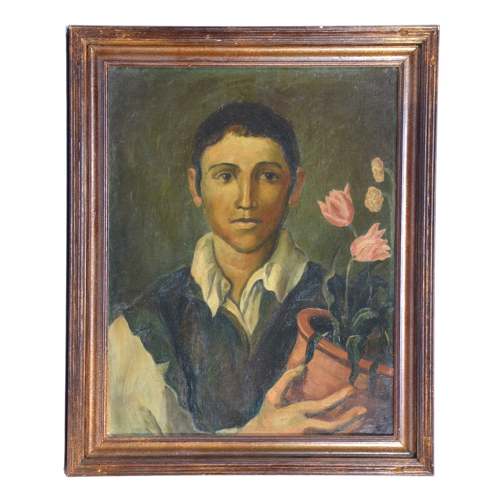Anonymous, Young Man with Tulips, oil/canvas Painting (1 of 1)
