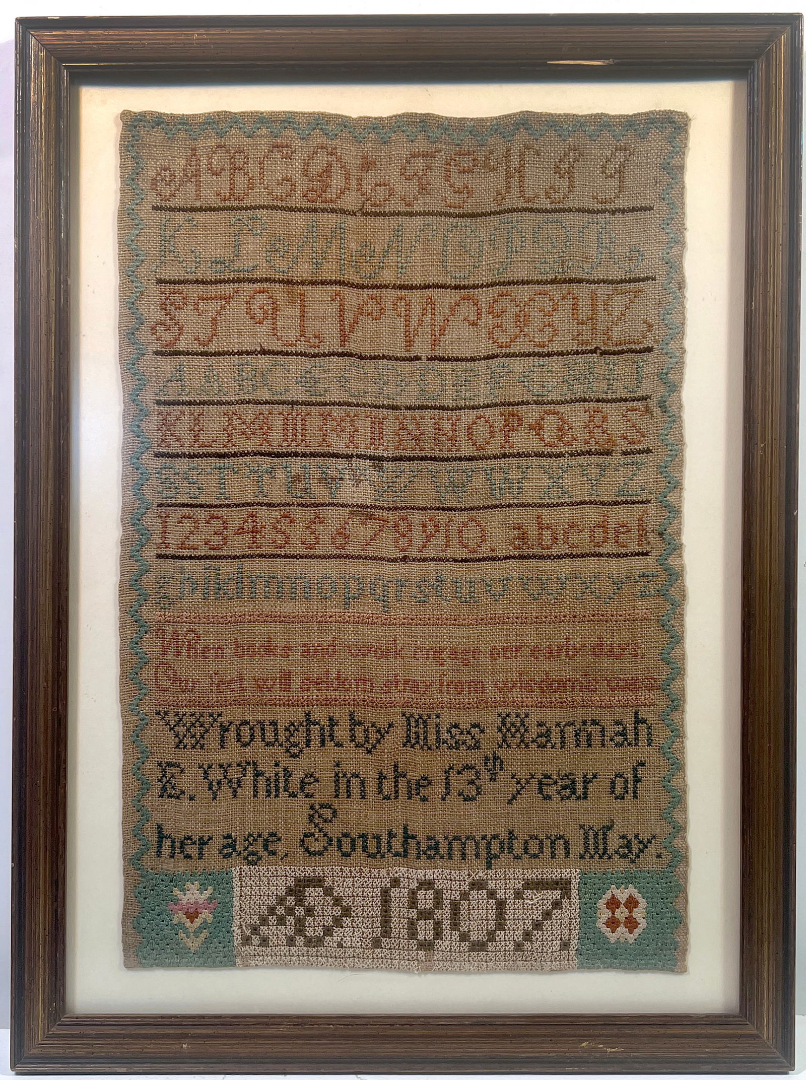 1807 Schoolgirl Sampler By Miss Hannah E. White, Southampton (1 of 4)