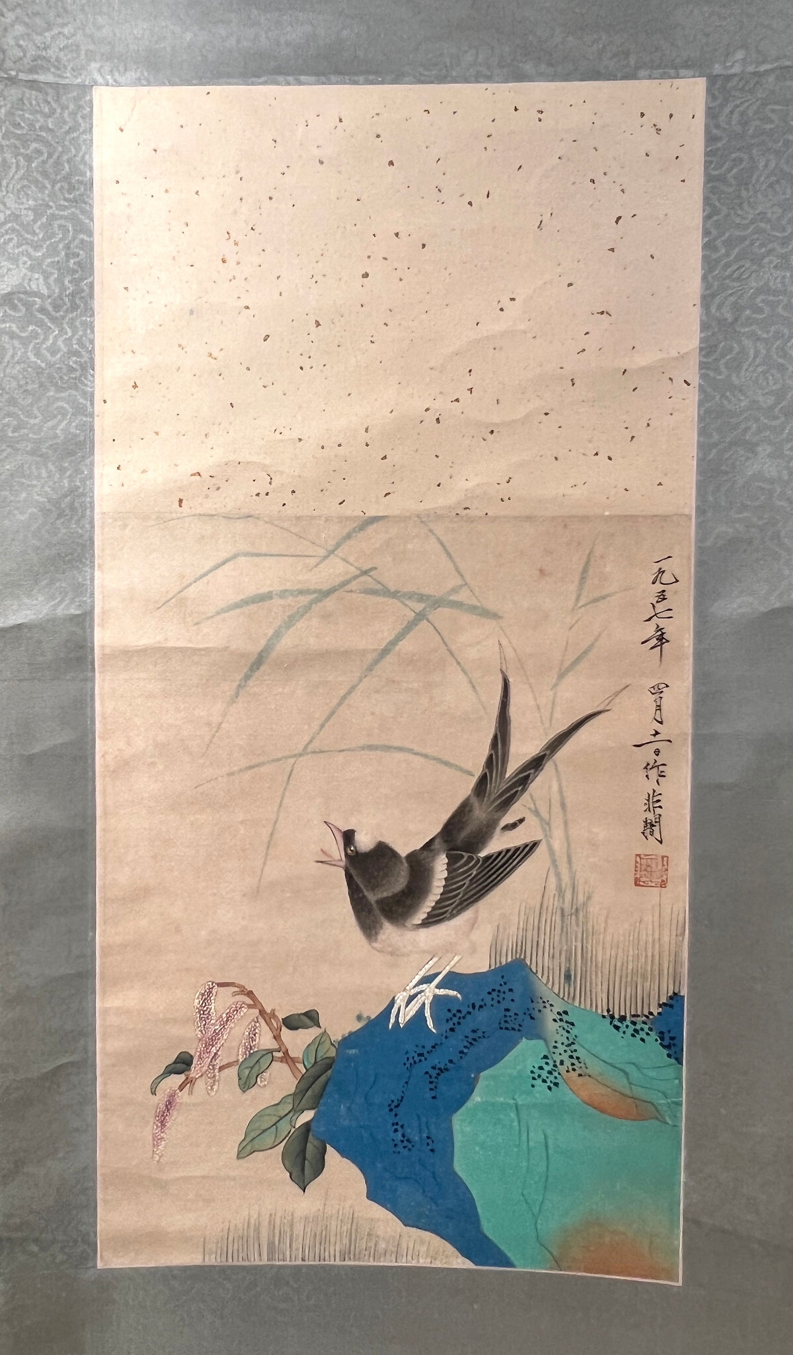 Chinese Ink & Color on Paper Scroll, Bird & Flowers (1 of 4)