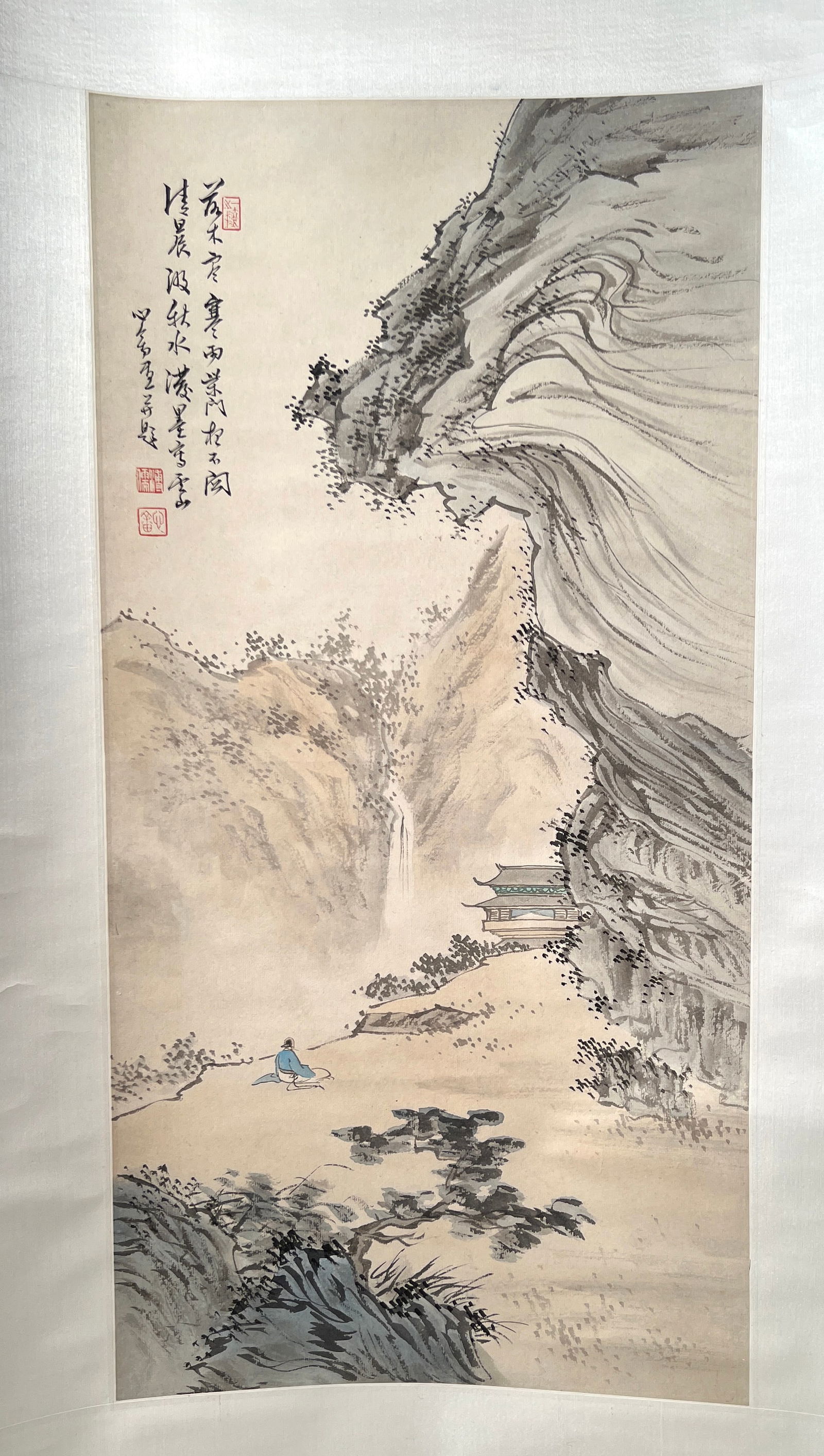 Chinese Ink & Color on Paper, Temple & Waterfall: Chinese Ink & Color on Paper. Temple by a Waterfall, signed upper left. Image: 25 3/4" x 13". In cedar box.