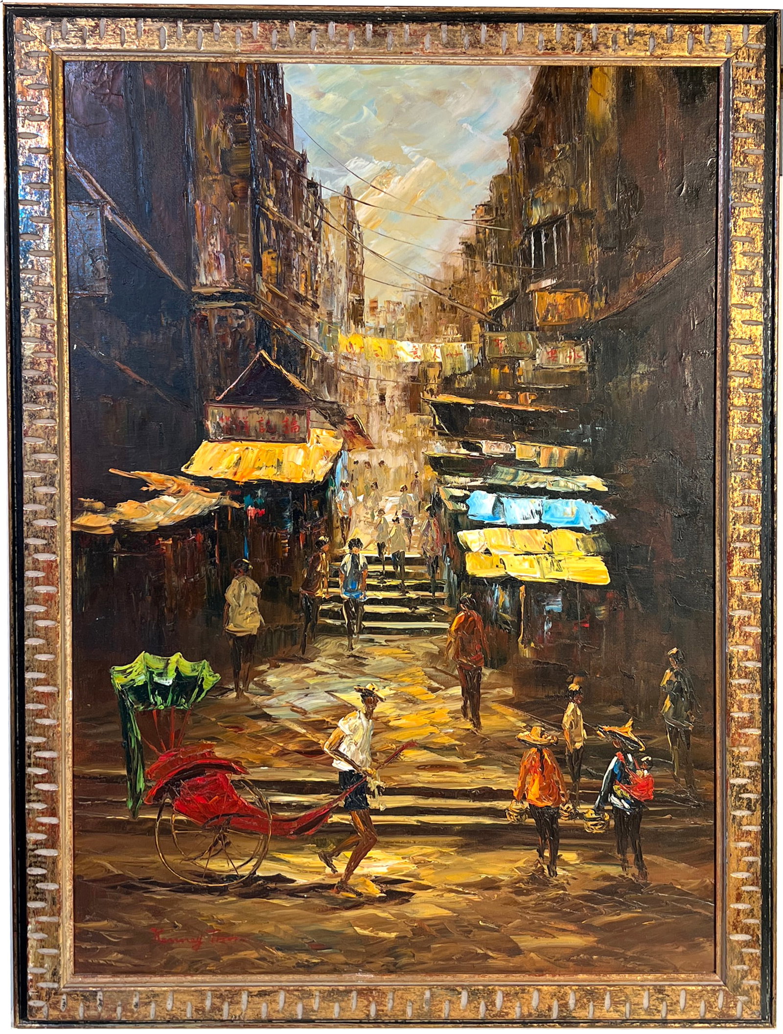 Chinese impressionist painting, street scene "Cat Street": Chinese painting, street scene "Cat Street" signed Kenny Thom(?), oil on canvas, 36" x 24", Frame: 40 1/2" x 28"