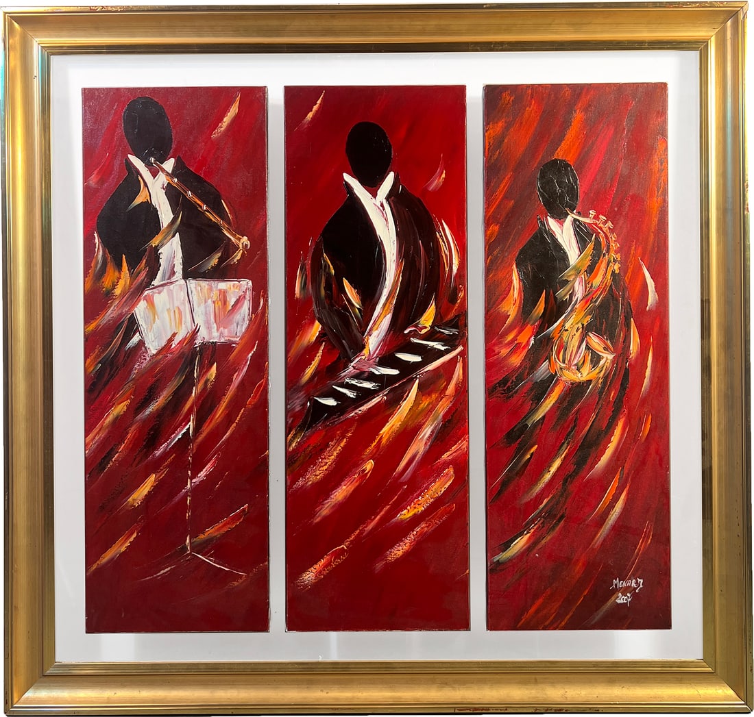 Overside Triptych Modern Jazz Trio Oil On Canvas (1 of 12)
