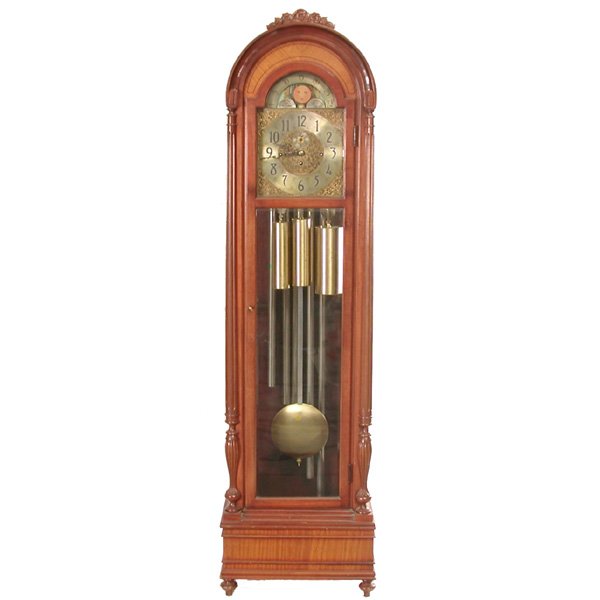 Herschede Tall Clock, Mahogany Case: CLOCK. Herschede 5 tube 3 weight tall clock with fancy dial and moon face, mahogany inlaid column case, and beveled glass door. 78.5" h, in very good condition, running.