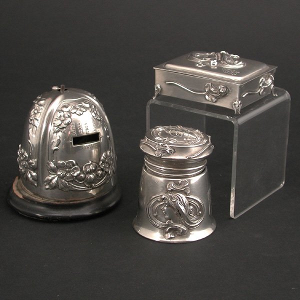 Sterling Stamp Dispenser, Inkwell, and Box: STERLING. American sterling stamp dispenser (missing knob), Art Nouveau inkwell (lacks insert), and Art Nouveau box. Stamp dispenser: 3.5" h x 3.25" diameter, all in good condition.