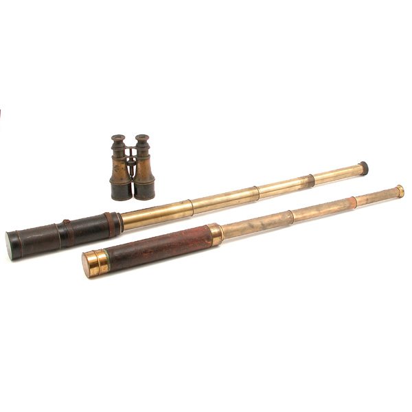 2 Handheld Telescopes and Binoculars: INSTRUMENTS. Lot of 2 handheld telescopes, the first a four-draw in optically sound condition with original leather and lens cap, 45" extended; the second a three-draw in optically sound condition wit