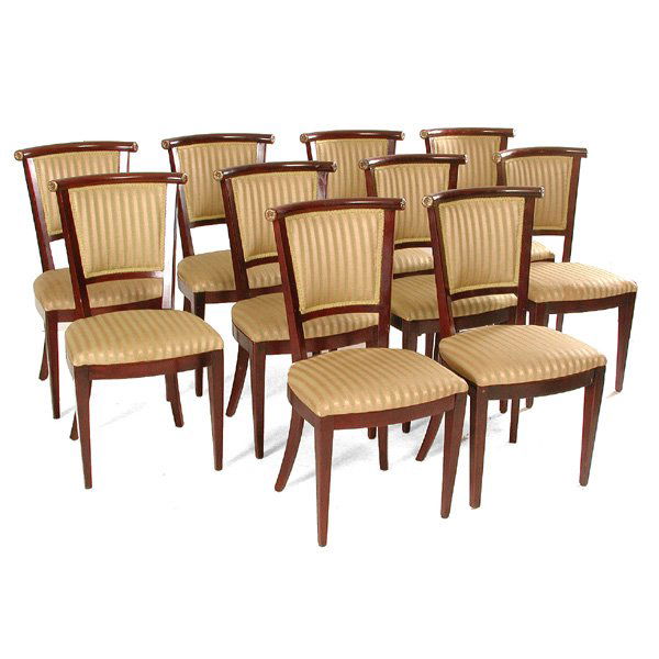 10 H. Pander and Sons Mahogany Side Chairs: CHAIRS. Set of 10 mahogany chairs by H Pander and Sons, The Hague, Amsterdam, Holland, with bronze medallions and upholstered seat and backs, original labels on underside. 35.5" h x 18" w x 20" d, in