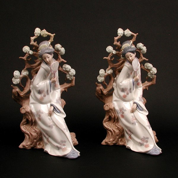 Lladro Porcelain Figurines (2), "Geisha": FIGURINES. Two identical Lladro limited edition porcelain figures, "Geisha", sculpted by Vicente Martinez, retired in 1992, stamped "4807 C-24 N" and "4807 C-31 M" (respectively) on bottom, 12.25" h,