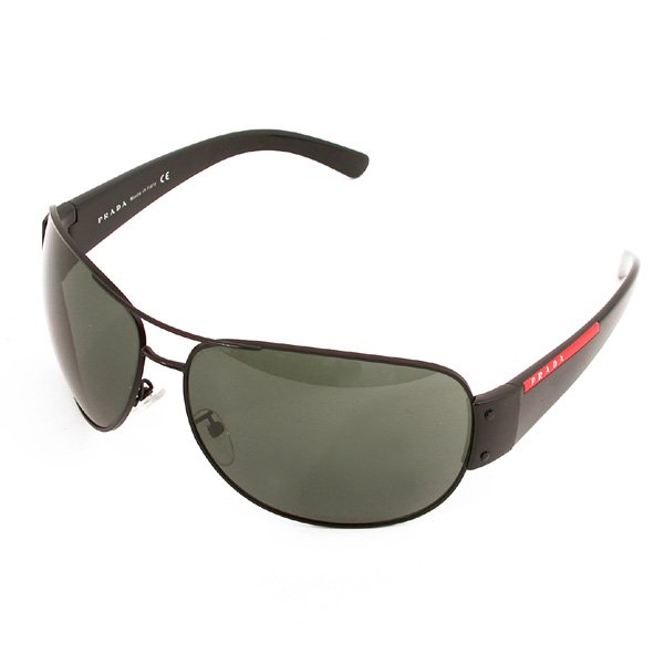 Prada Sunglasses: SUNGLASSES. Prada aviator sunglasses, black with red and white Prada logo at temple, good condition.