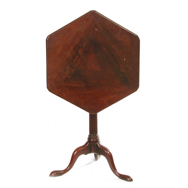 English Mahogany Tilt Top Tea Table, 18th/19th: TABLE. English 18th/19th century mahogany tea table with hexagonal flip top on fluted column and tripod base. 25" diameter x 27.5" h, in good condition.