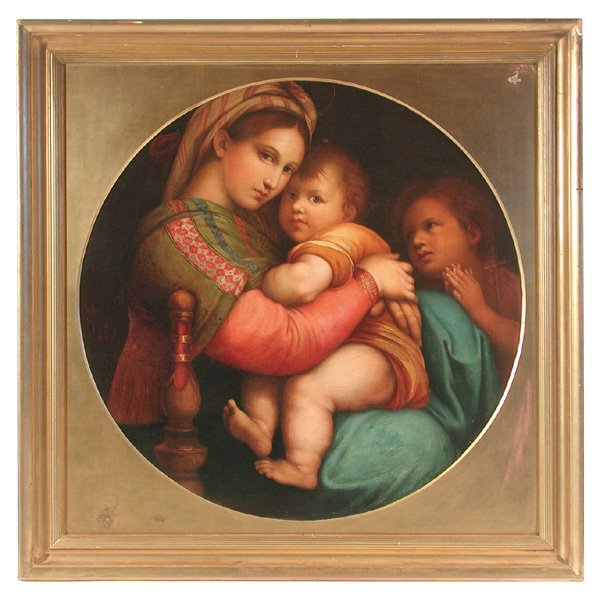 A. Bassi, "Madonna della Seggiola", After Raphael: PAINTING. A. Bassi, "Madonna della Seggiola", after Raphael, 19th century, oil on canvas, signed "A. Bassi Firenze" on reverse, 29.25" x 29.25".