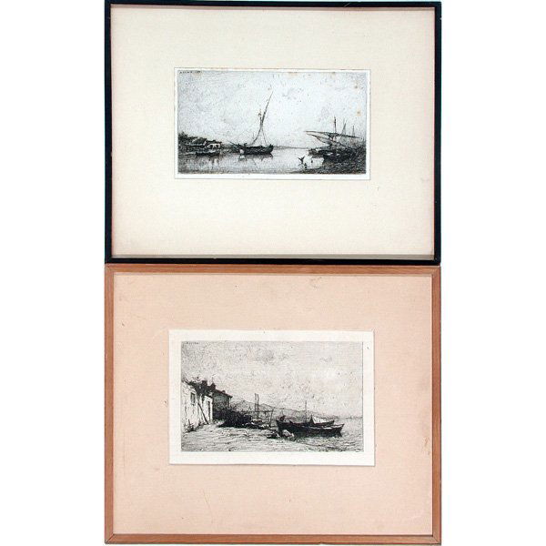 Adolphe Appian Etchings (2), Boats: PRINTS. Lot of 2 framed etchings, Adolphe Appian (French, 1818 - 1898), the first titled "Cabane de Pecheur" on reverse, engraved "Appian" upper left, image size 4.75" x 7.75", in good condition; the