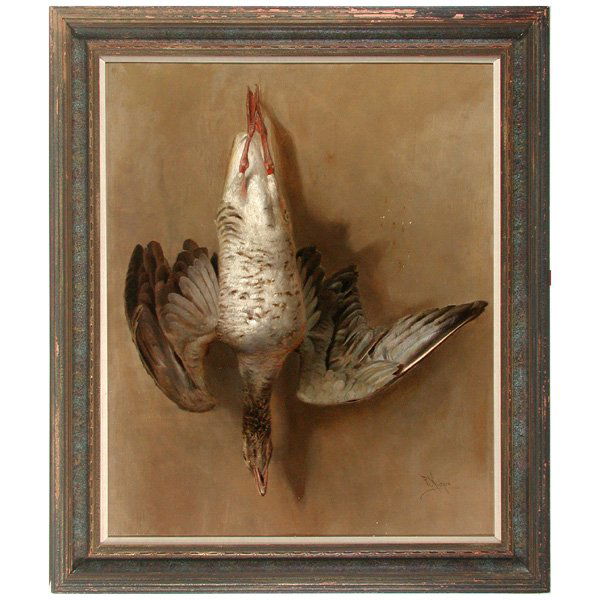 Raimund von Wichera Painting, Still Life with Duck: PAINTING. Raimund von Wichera (Austrian, 1862-1925), still life with duck, oil on canvas, signed "R. Wichera" lower right, 42.25" x 35", in very good condition with very minor losses center right.