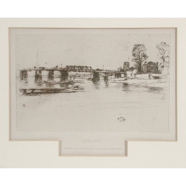 J. Whistler Etching, "Chelsea": ETCHING. James McNeill Whistler (American, 1834-1903), "Chelsea", drypoint etching, signed in the plate with butterfly mark lower right, plate size: 5.25" x 7.875", in very good condition.