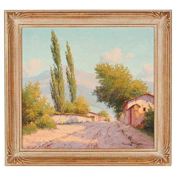 Ramos Catalan Painting, Street and Hill: PAINTING. Ramos Catalan (Chilean, 1888-1961), street and hill, oil on canvas, signed lower right, 21.75" x 23.5", in very good condition.