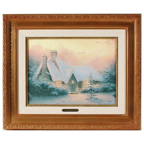 Thomas Kinkade S/N, "Christmas Tree Cottage": OFFSET LITHOGRAPH. Thomas Kinkade, "Christmas Tree Cottage, Christmas Cottage V", 1994, framed limited edition offset lithograph S/N, signed and numbered "129/3950" lower right, 12" x 16", in very goo
