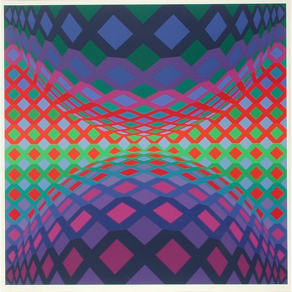 Victor Vasarely Serigraph, "Reech": SERIGRAPH. Victor Vasarely (French/Hungarian, 1906-1997), "Reech", serigraph, unsigned, embossed "CUCOART" lower center. Image size: 24.125" x 24.125". Frame size: 32.25" x 31.5", in very good conditi