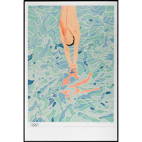 D. Hockney Litho, "Olympische Spiele Munchen": LITHOGRAPH. David Hockney (British, b. 1937), "Olympische Spiele Munchen", 1970, lithograph, signed, dated and numbered 11/200 lower right, Olympic symbol lower left, gallery label verso: "Foster Gold