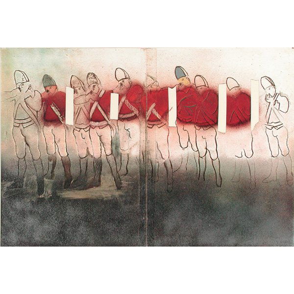 Larry Rivers Screenprint, "Red Soldiers": SCREENPRINT. Larry Rivers, "Red Soldiers", from "Revolutionary Suite", silkscreen, signed in pencil on image lower right. Image size: 19.5" x 28.375" (same frame size), in very good condition.