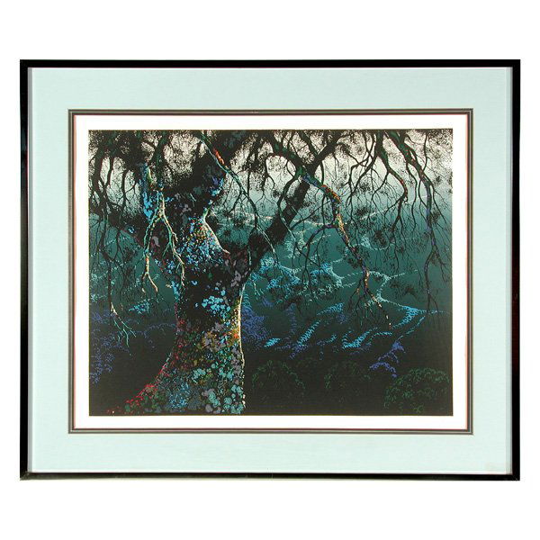 Eyvind Earle, Screenprint, "Valley Light": SCREENPRINT. Eyvind Earle (American, 1916-2000), "Valley Light", silkscreen, signed "Eyvind Earle" in margin lower right, numbered 227/275 lower left, image size: 22" x 28", framed size: 32.75" x 38.5