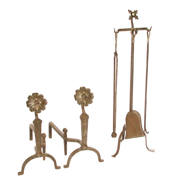 Continental Hand Wrought Fireplace Set, 19th c: TOOLS. Continental hand-wrought 19th century fireplace set to include: pair of floral topped brass and iron andirons and a 3 piece brass and iron tool set. Andirons measure 19" h, tool set measures 36
