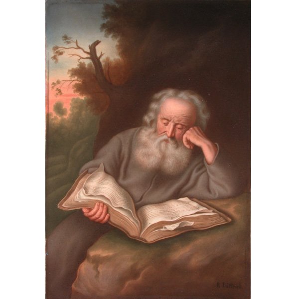 KPM Plaque, R. Dittrich, Elderly Man Reading: PLAQUE. KPM porcelain plaque, R. Dittrich, painted with an elderly man leaning on his elbow and reading from a large open book, 9.5" x 6.625", in very good condition.