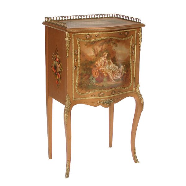 French-Style Bombe Front Music Cabinet: CABINET. French-style bombe front music cabinet with brass gallery top, ormolu mounts and cabriole legs, with hand painted musical vignettes. 39" h x 23" w x 17" d, in good original condition.