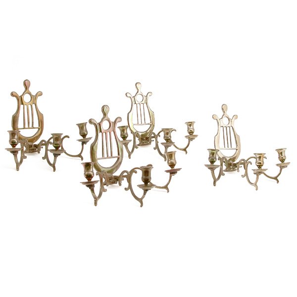 Set of 4 Three-Light, Lyre Back Candle Sconces: SCONCES. Set of 4 brass three-light, lyre-back candle sconces. Approximately 9" h x 12" w x 7.5" d, in very good condition.