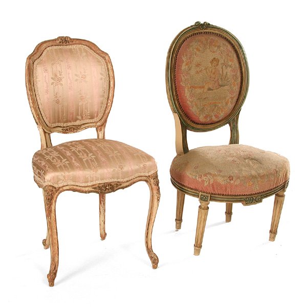 2 French 19th Century Side Chairs: CHAIRS. Lot of two 19th century side chairs, both with upholstered seats and back, one in needlepoint, the other in silk, both with carved frames and original paint. The largest measures 35.75" h x 19