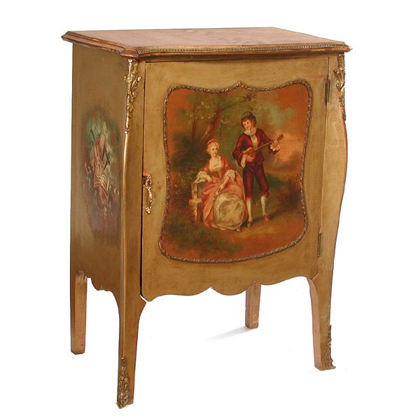 French-Style Sheet Music Cabinet: CABINET. French-style paint decorated music cabinet with musical scenic medallions painted on front and side. 31" h x 23" w x 15" d, in good condition with the top and right side partially stripped; t
