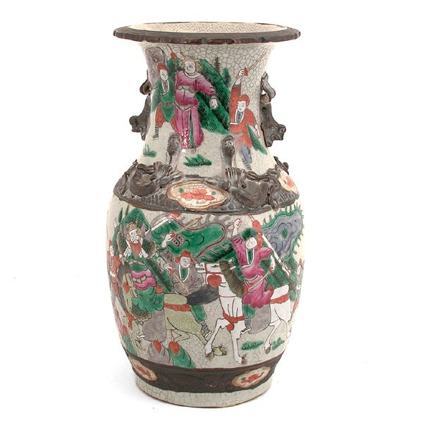 Chinese Baluster Vase: VASE. Chinese baluster vase with various warring scenes. 13" h + wooden stand, mark at bottom, in good condition.