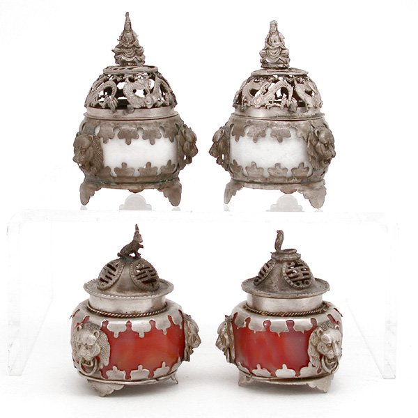 4 Chinese Incense Burners, Silver and Hardstone: INCENSE BURNERS. Set of 4 matching Chinese silver and hardstone incense burners, 2 white and 2 carnelian, with rabbit, snake, and Buddha finials and lion and dragon decoration. Tallest measures 3.25" 