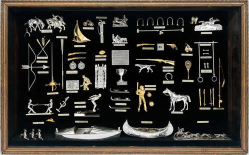 Sport memorabilia diorama in gold and silver dollhouse miniatures: Sport memorabilia diorama featuring the world of sport in gold and silver miniatures. In original wood shadowbox frame with glass front and black velvet background. Features dollhouse miniatures and