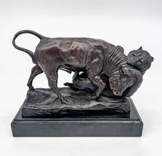 After Rosa Bonheur, Bull & Bear Bronze: After Rosa Bonheur, Bull & Bear Bronze on black marble base, signed, 20th c.. 8"t x 10"w x 4"d. Very good condition.