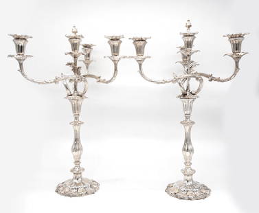 Pair of English silver plate candelabra: Pair of English silver plate candelabra. The 4 light tops unscrew from the one light bases. Measure appx 22 1/2"T x 16 1/2"D assembled. In very good condition.