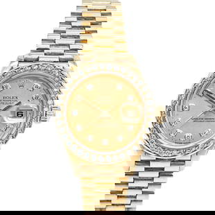 18k Rolex Ladies President, Diamond Bezel & Dial: 18k Rolex Ladies President Datejust watch with diamond bezel and dial, Reference 69178, Circa 1988. Champagne dial with diamond set hour markers. Polished President link bracelet with signed, conceale