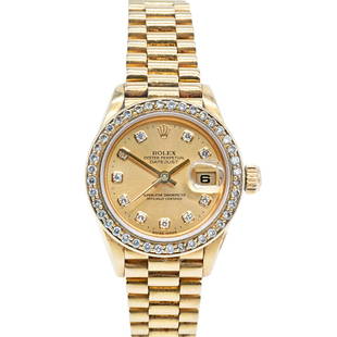 18k Rolex Ladies President, Diamond Bezel & Dial: 18k Rolex Ladies President Datejust watch with diamond bezel and dial, Reference 69178, Circa 1988. Champagne dial with diamond set hour markers. Polished President link bracelet with signed, conceale