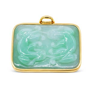 14k Yellow Gold Carved Jade "Gumps" Pendant: 14k yellow gold carved jade "Gumps" pendant, 38mm x 28mm carved jade center piece in a fine bezel setting and hinged bail, 18g.