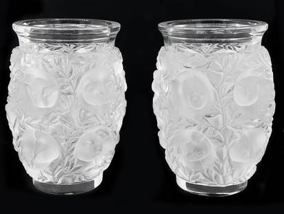 Pair of Lalique Bagatelle Vases: Pair of Lalique Bagatelle Vases with Frosted Birds in Relief. Measure appx 7" tall x 5" in diameter. In very good condition.