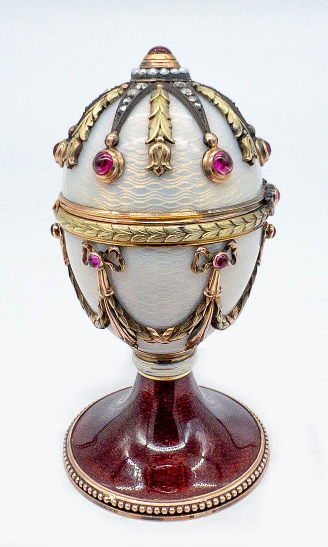 Russian 14k Gold Faberge Style Guilloche Diamond, Ruby, Enamel Easter Egg (1 of 8)