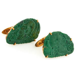 Large Carved Jade Men's Cufflinks: Large carved jade men's cufflinks. 20mm x 32mm.